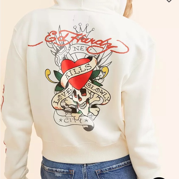 Ed Hardy Cropped Zip Hoodie Ivory - Picture 6 of 10